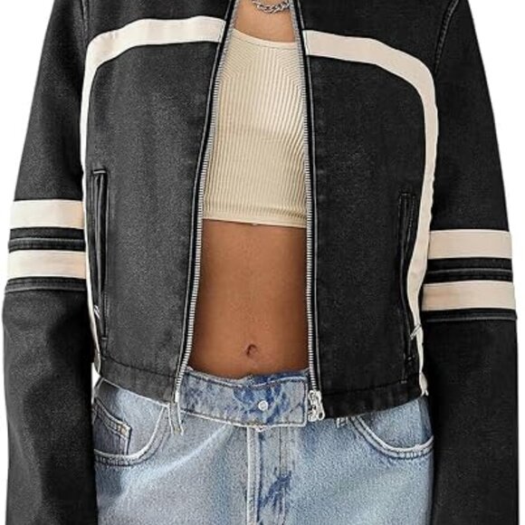 Women Black Faux Leather Zip Up Cropped Jacket Stand Collar Moto Coat - Picture 1 of 5